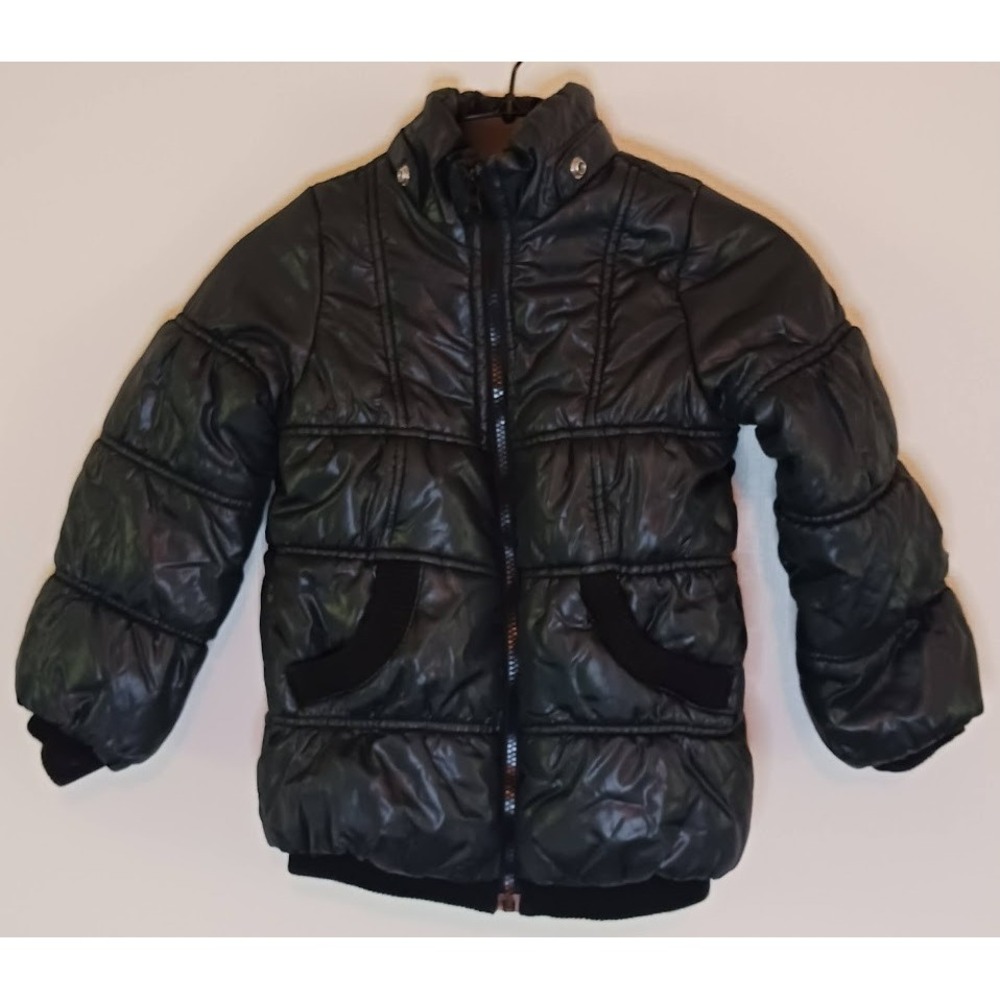 The Childrens Place Puffer Jacket, Black, Size S Zipper Faux Fur Trim, Snap Hood